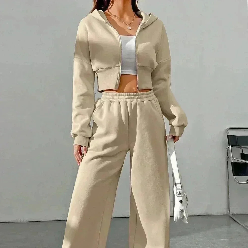 Khaki Casual Women's Zipper Front Hoodie And Pants Set
